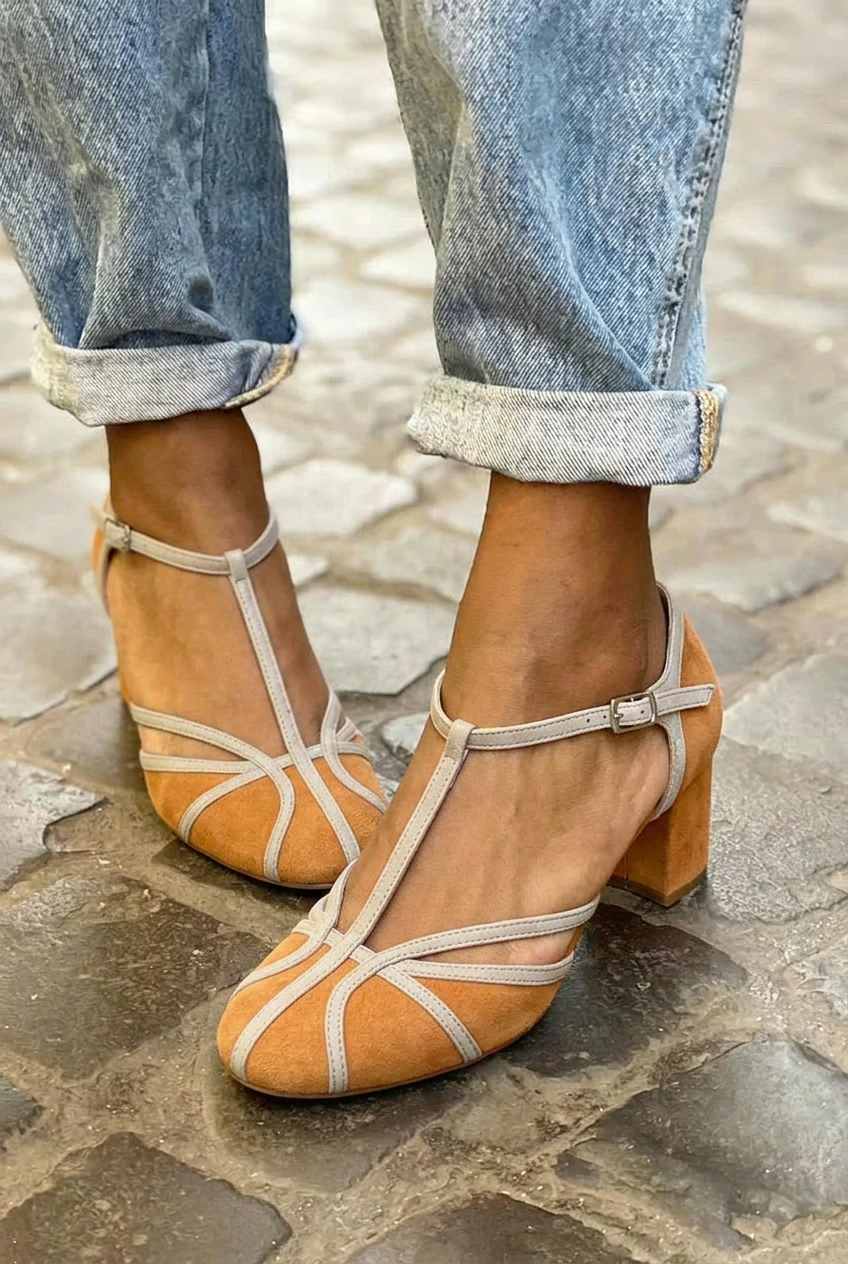 Suede Round Toe T-Strap Block Heel Pumps [Pre Order]