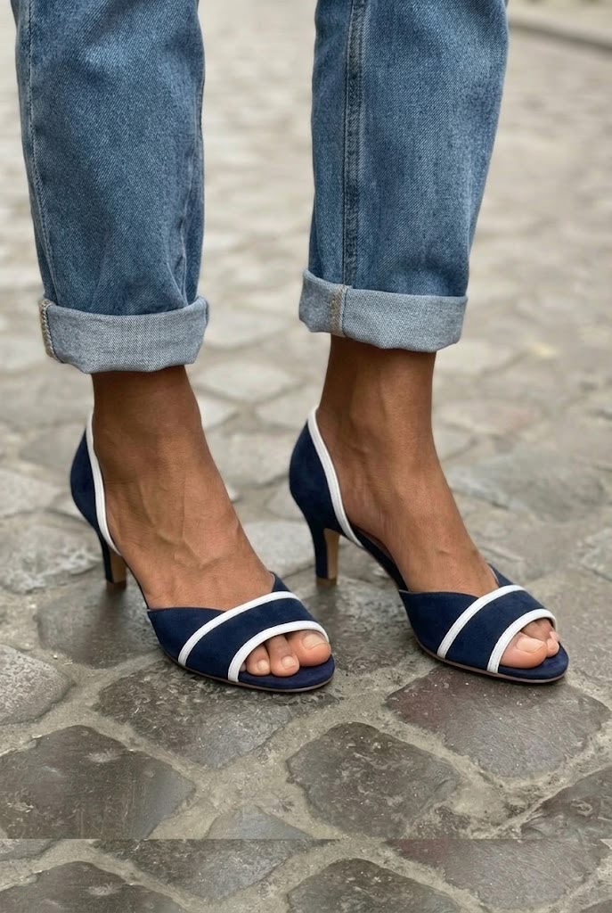 Navy Blue White Trim Peep Toe D'Orsay Kitten Heels [Pre Order]