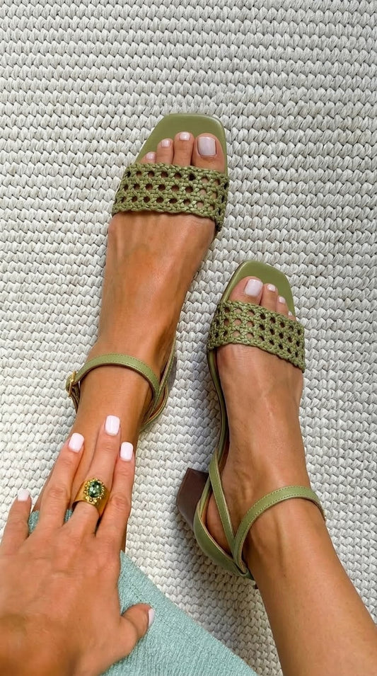 Khaki Green Woven Square Toe Chunky Heel Sandals [Pre Order]