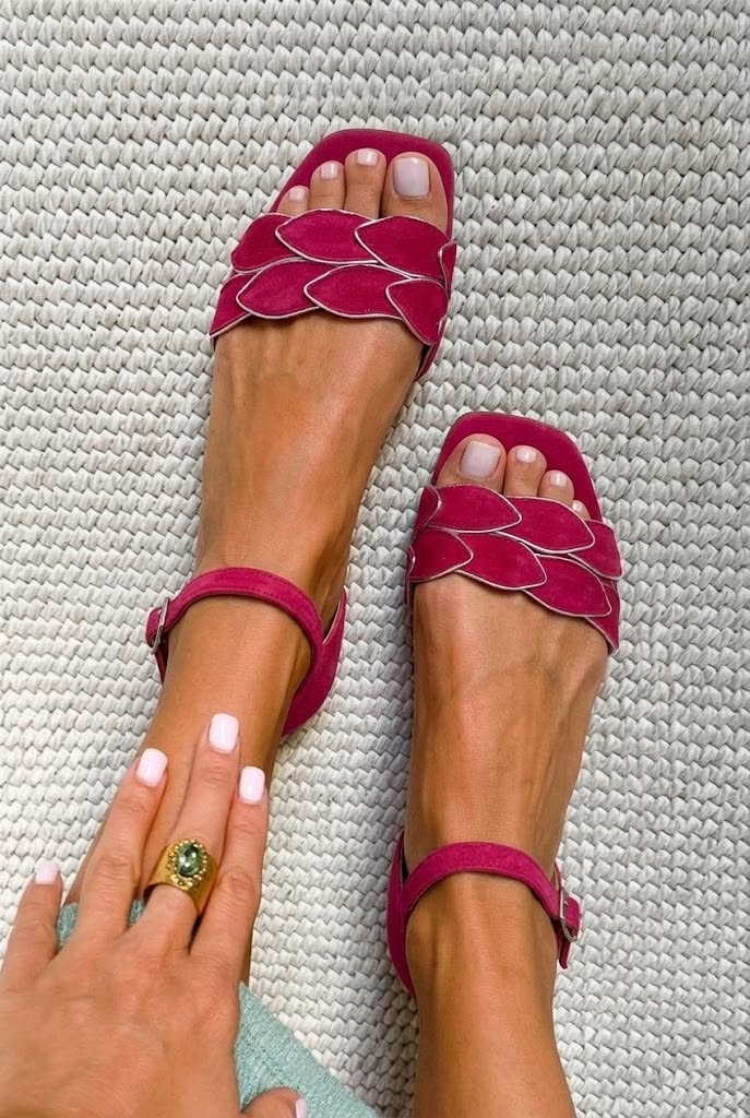 Scalloped Petal Square Toe Ankle Strap Fuchsia Block Heels [Pre Order]