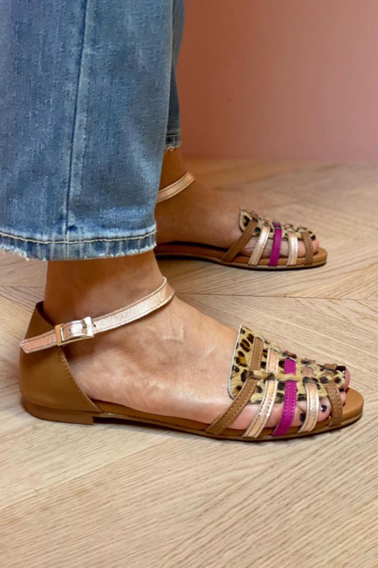 Leopard Print Multicolor Strap Peep Toe Brown Sandals [Pre Order]
