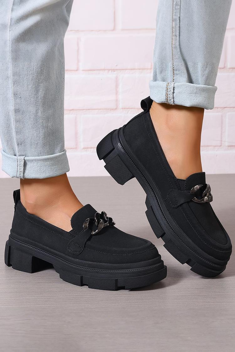 Einfarbige Metallkette Dekor Rundzehen Klobiger Absatz Loafers