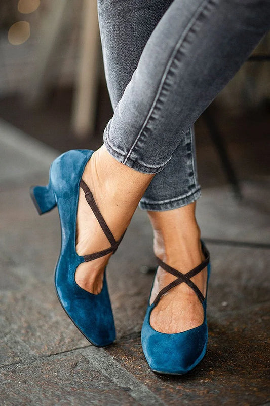 Colorblock Crossover Strap Square Toe Blue Chunky Heels