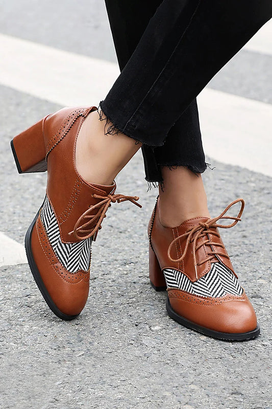 Patchwork Lace Up Round Toe Chunky Heel Casual Brogue Oxfords