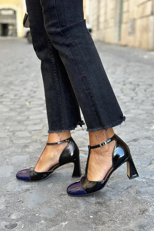 Scarpe col tacco grosso nere con punta tonda e fibbia a T e patchwork [Pre-ordine]