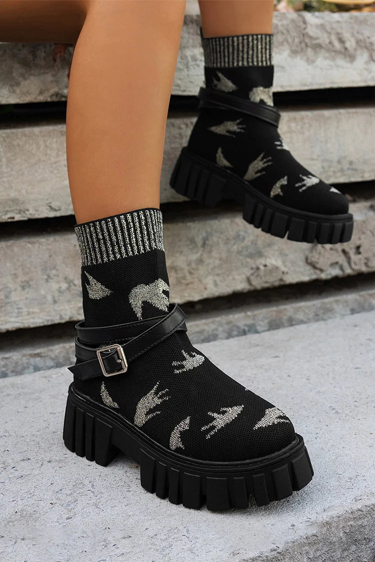 Kolorowy pasek z klamrą, dekoracja, okrągły nosek, masywny obcas, botki do połowy łydki