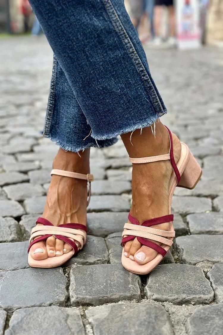 Colorblock Hollow Out Square Toe Pink Chunky Heels [Pre Order]