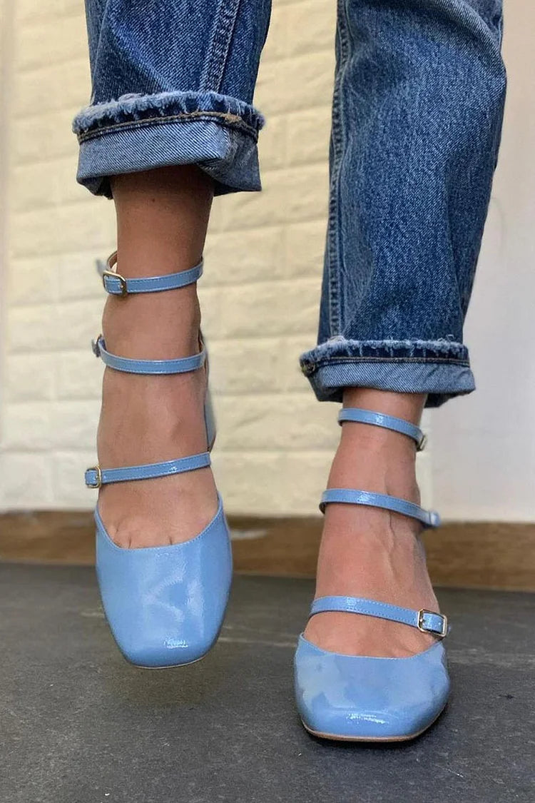 Square Toe Plain Multi Straps Buckles Blue Chunky Heels