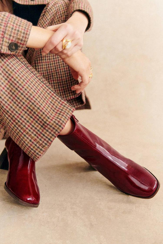 Botas de Salto Grosso Borgonha com Biqueira Quadrada e Fecho de Correr de Cor Sólida [Pré-Encomenda]