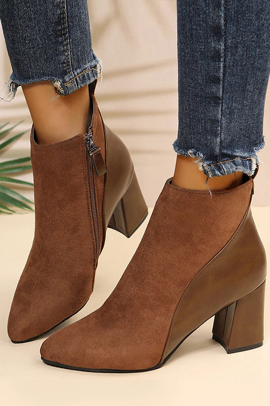 Patchwork Pointed Toe Chunky Heel Zipper Ankle Boots