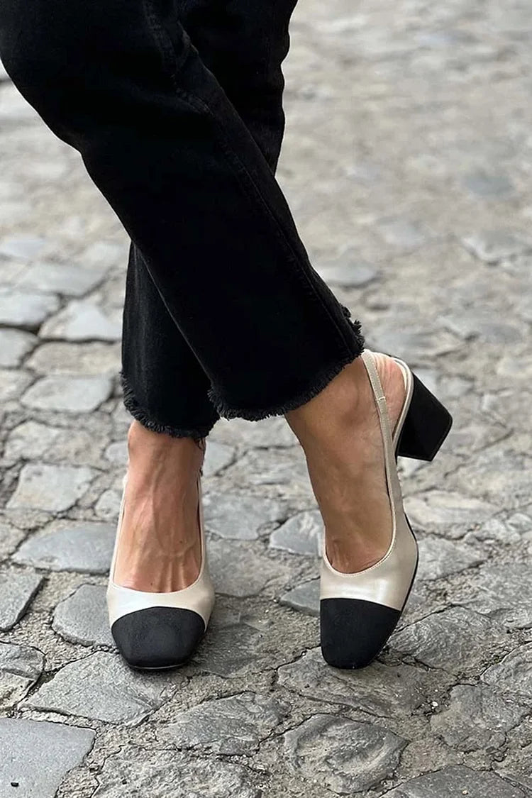 Farbblock Slingback Quadratzehen Champagner Chunky Absätze [Vorbestellung]