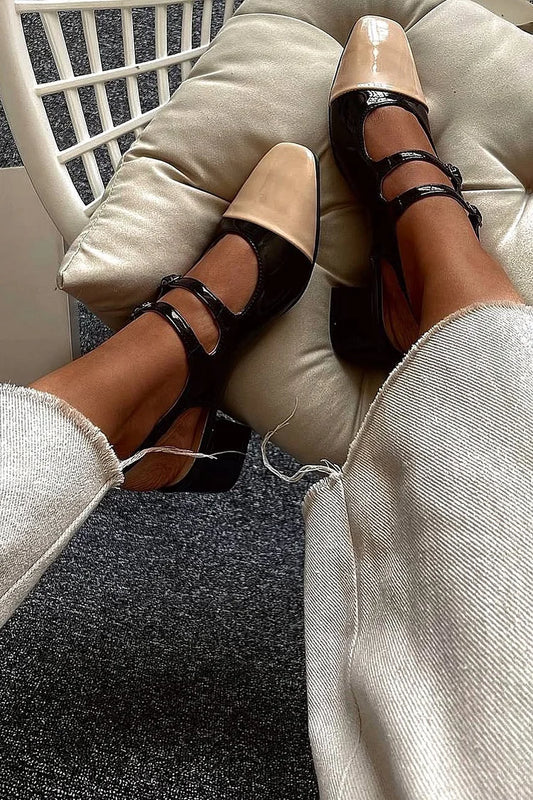 Scarpe con tacco grosso e cinturino posteriore colorblock con punta quadrata [Pre-ordine]