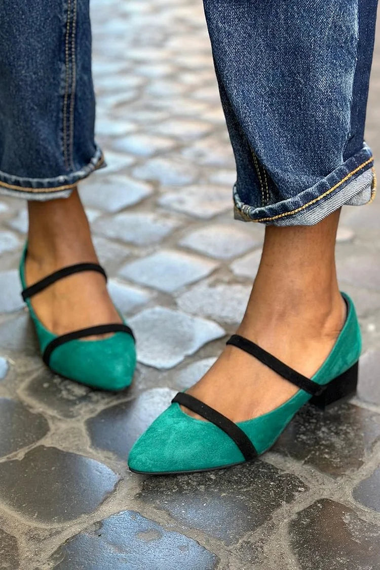 Colorblock Strap Pointed Toe Green Chunky Heels [Pre Order]