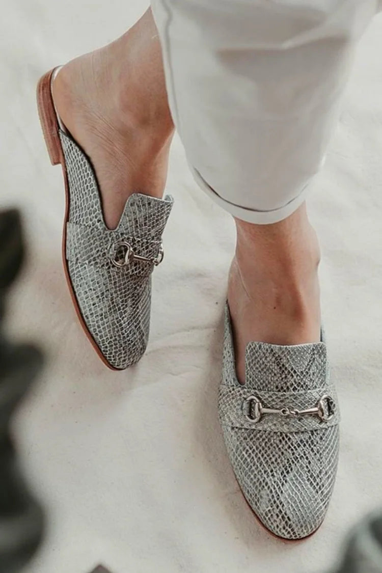 Metallic Buckle Round Toe Patchwork Snake Print Gray Mules