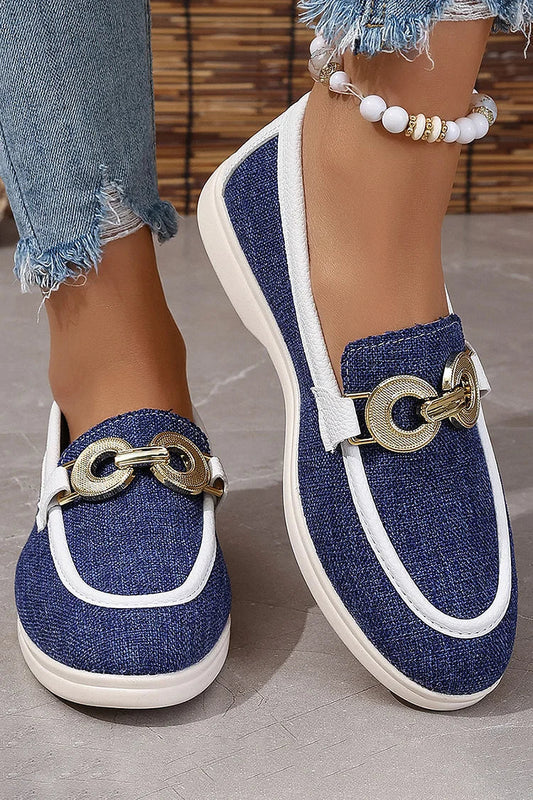 Contrast Binding Buckle Decor Round Toe Casual Loafers