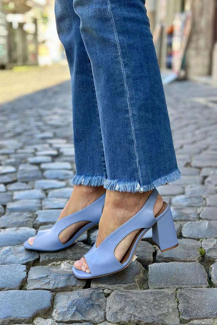 Cutout Open Toe Solid Color Blue Chunky Heels [Pre Order]