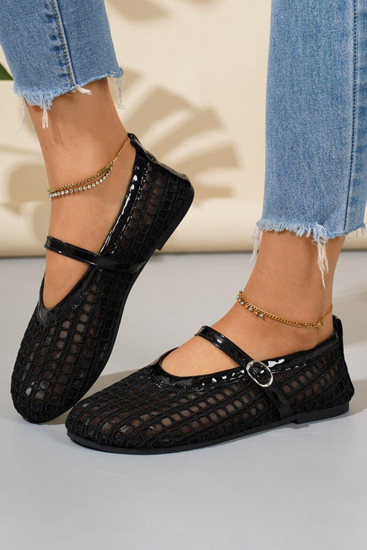 Scarpe basse con punta tonda, cinturino sul collo del piede in rete traforata, tinta unita 