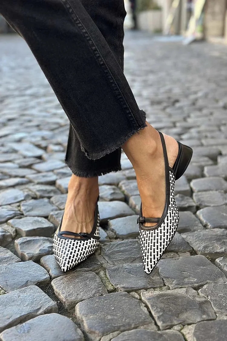 Colorblock Woven Pointed Toe Slingback White Low Heels [Pre Order]