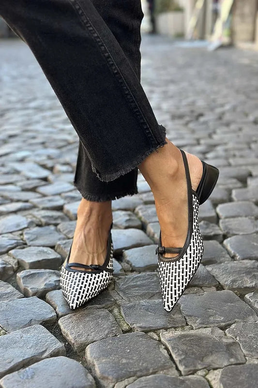 Colorblock Woven Pointed Toe Slingback White Low Heels [Pre Order]