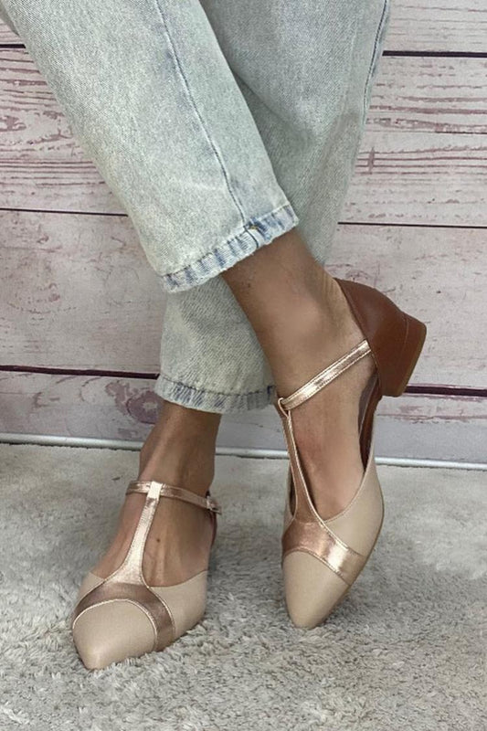 Patchwork sandały z paskiem w kształcie litery T, klamra, kolorowe, spiczasty nosek, khaki baleriny [Przedsprzedaż]