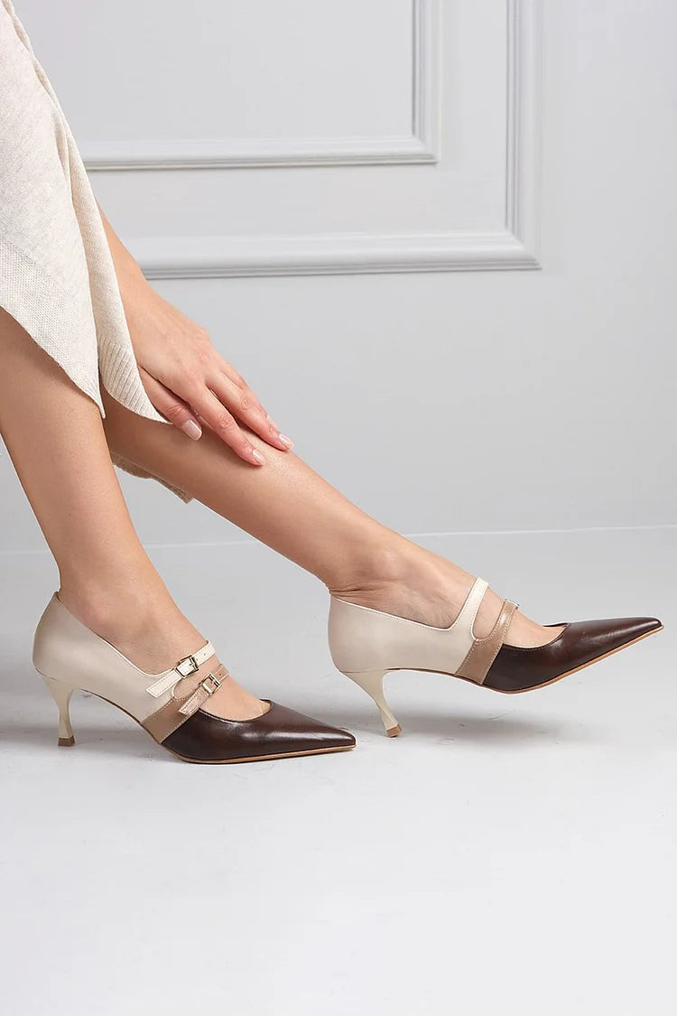 Scarpe con tacco a spillo marroni a punta con due cinturini e fibbie colorblock [Pre-ordine]