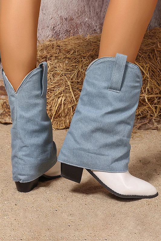 Denim Patchwork Fold Over Pointed Toe Chunky Heel Mid Boots