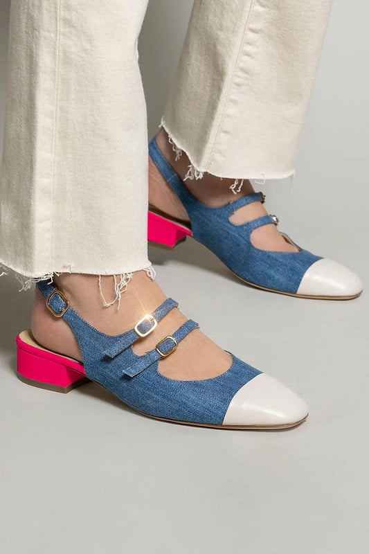 Alças do peito do pé Fivelas Colorblock Slingback Azul Salto Baixo [Pre Order]