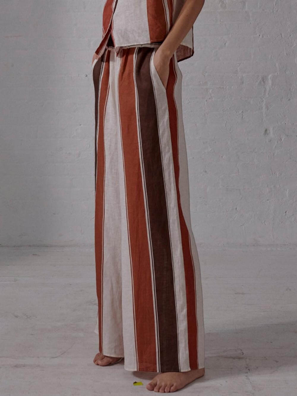 Loose Wide-Striped Printed Pocket Wide-Leg Pants