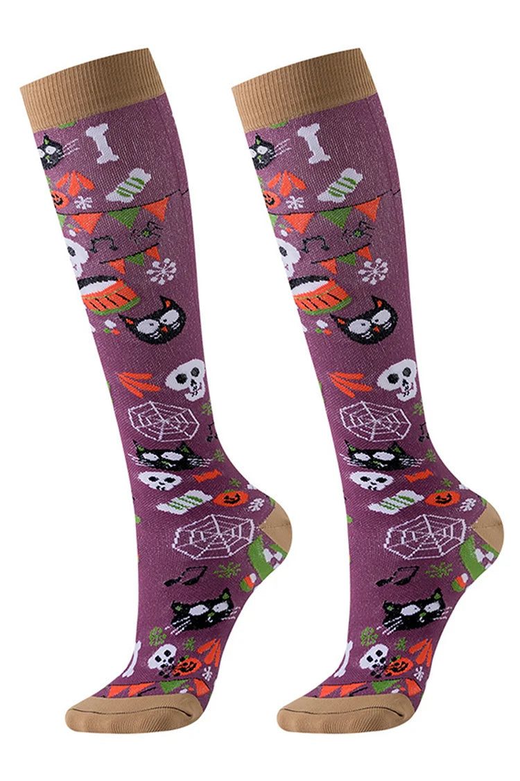 Calcetines por encima de la pantorrilla con estampado de estrellas, casa embrujada, calavera y fantasma de Halloween 