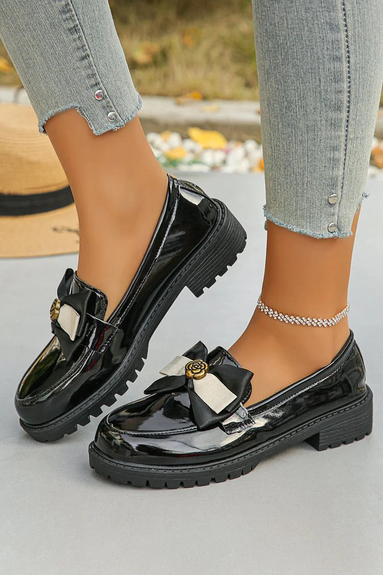 Metalowe kwiatowe mokasyny z kokardą, kolorowe, okrągły nosek, casualowe