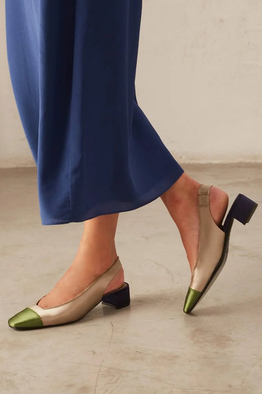 Square Toe Colorblock Slingback Champagne Chunky Heels [Pre Order]