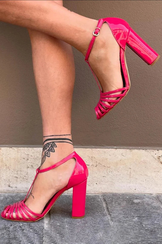 T-Strap Buckle Peep Toe Hollow Out Fuchsia Chunky Heels