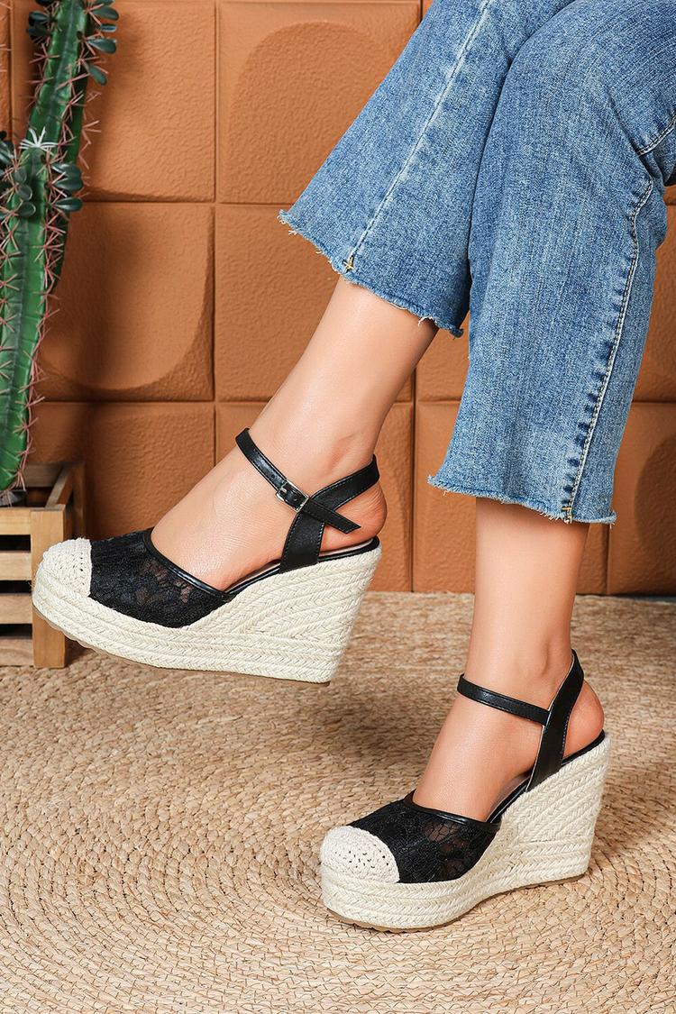 Sandali con zeppa casual con punta tonda, cinturino alla caviglia, fibbia e patchwork in pizzo 