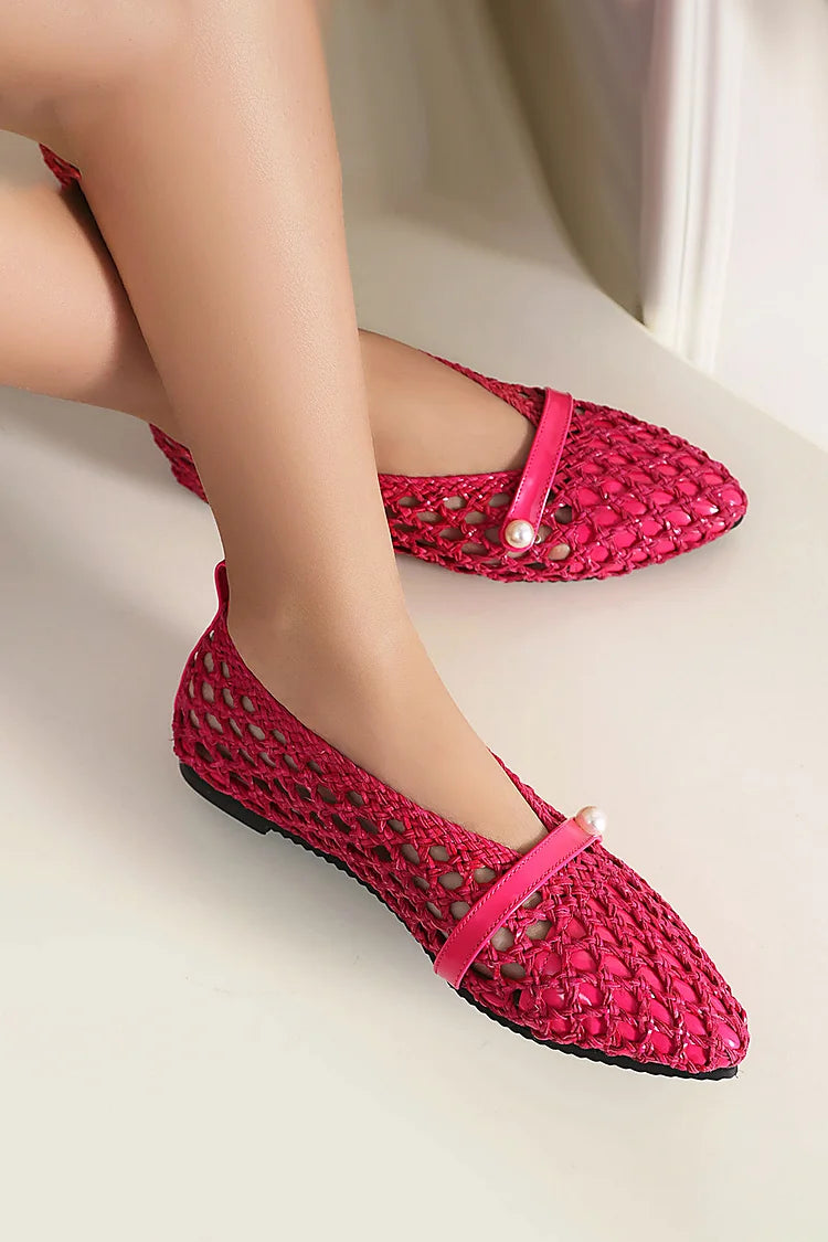 Patchwork Hollow Out Fishnet Instep Strap Pointed Toe Flats