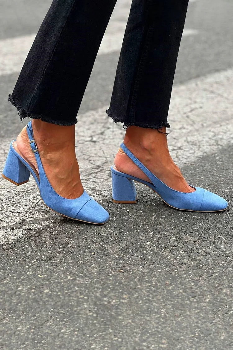 Square Toe Patchwork Slingback Blue Chunky Heels