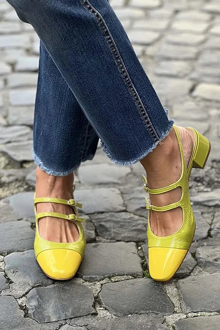 Patchwork Two Straps Buckles Slingback Green Chunky Heels [Pre Order]