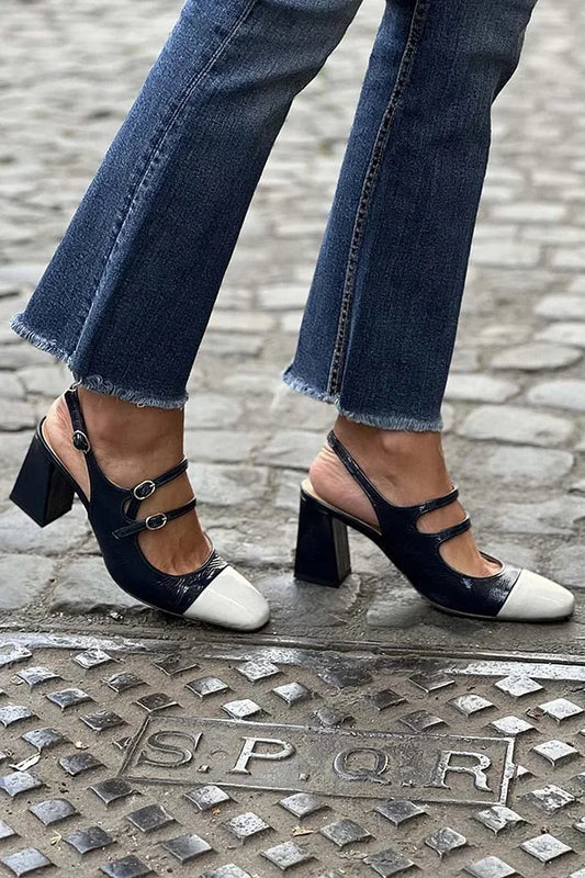 Tacco spesso nero con fibbie e cinturini multipli color block [Pre-ordine]