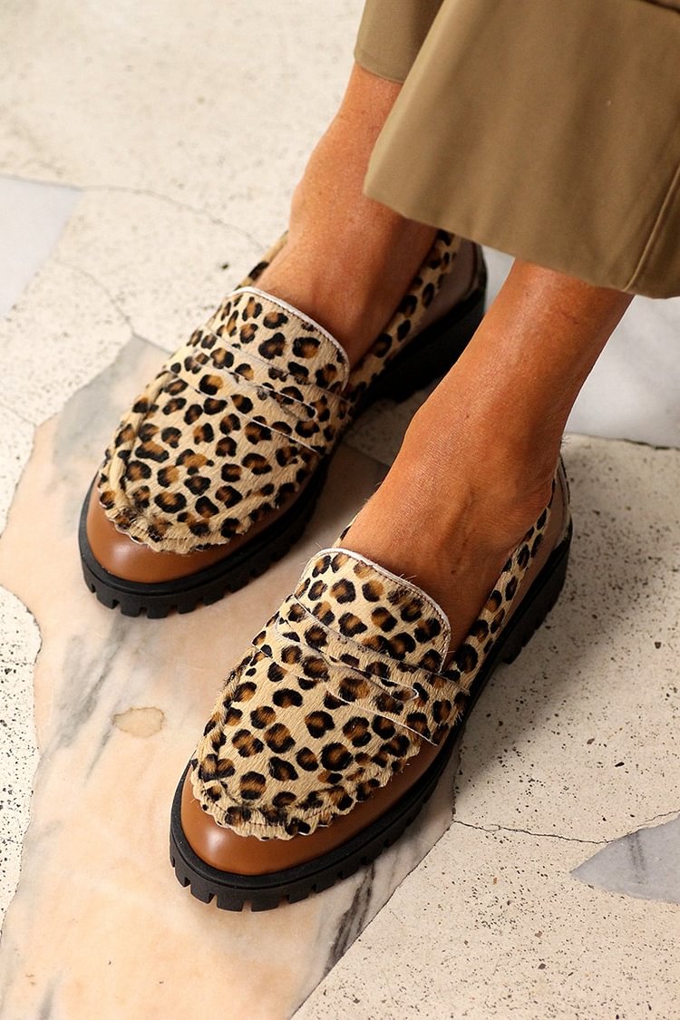 Patchwork Round Toe Leopard Print Brown Loafers [Pre Order]