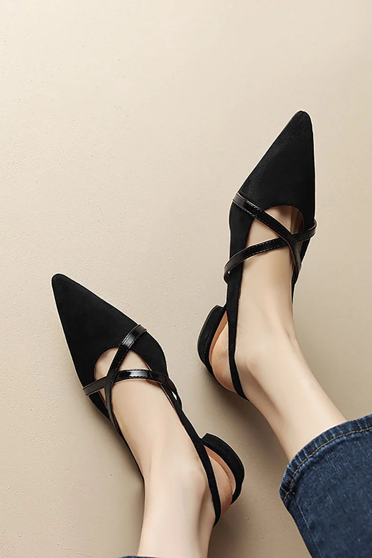 Faux Suede Pointy Toe Cross Strap Slingback Casual Flats