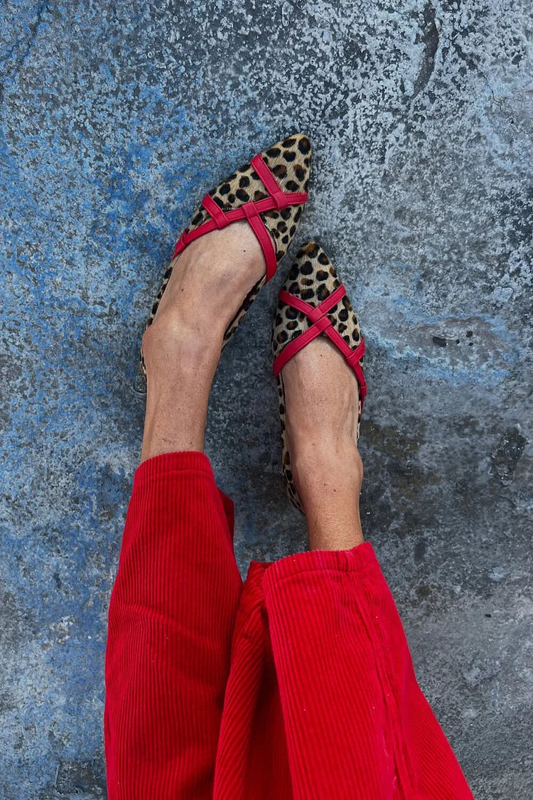 Colorblock Strap Leopard Print Pointed Toe Flats [Pre Order]