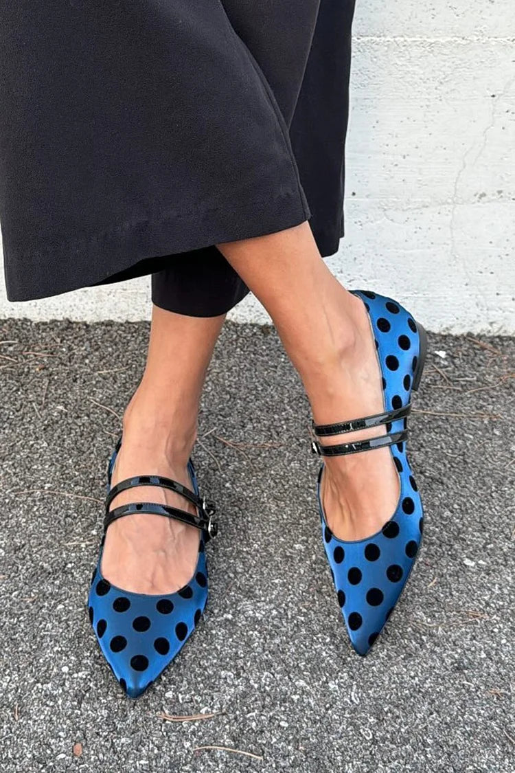 Dot Print Two Straps Buckles Pointed Toe Blue Flats [Pre Order]