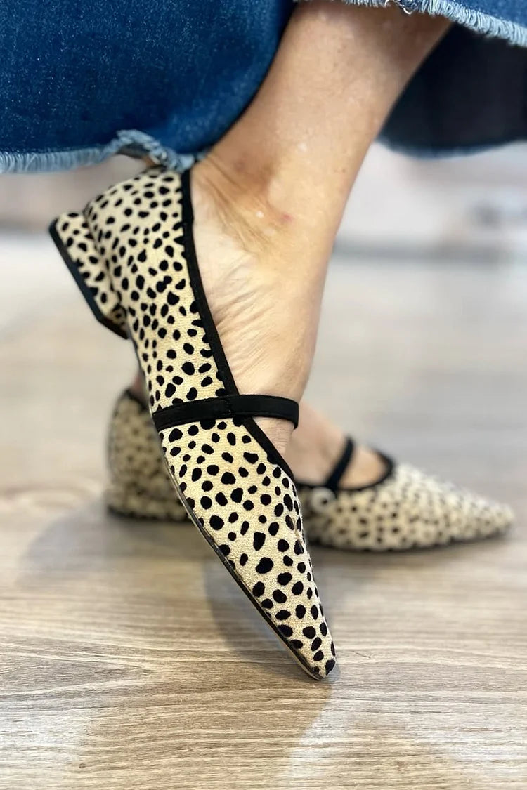 Leopard Pattern Instep Strap Buckle Pointed Toe Beige Flats [Pre Order]
