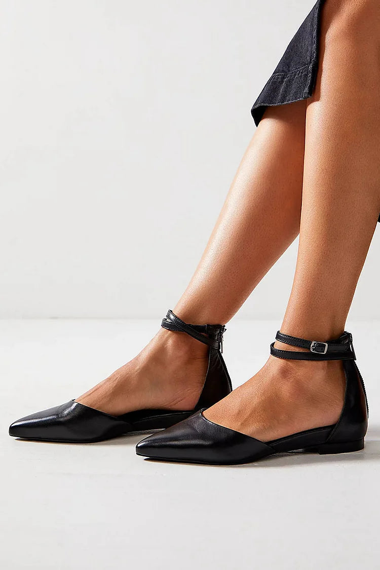 Scarpe basse nere con cinturino incrociato alla caviglia, fibbia, punta liscia, nere [Preordine] 