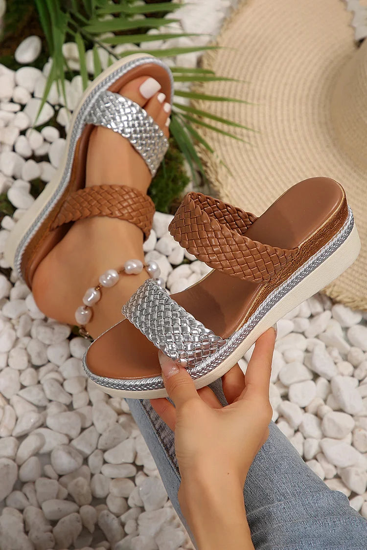 Colorblock Woven Instep Strap Open Toe Casual Wedge Slippers