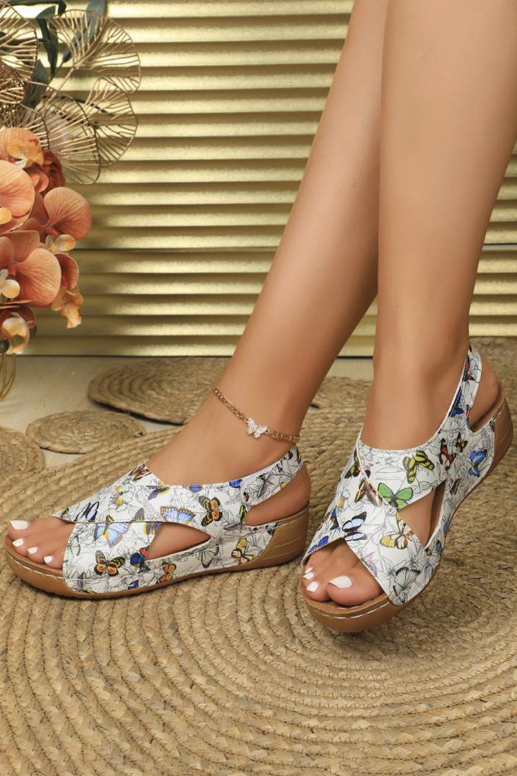 Sandali casual con punta aperta e cinturino incrociato con stampa a farfalla multicolore