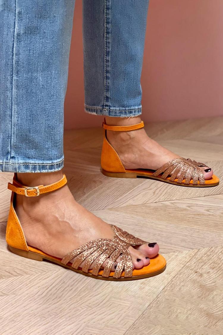 Glittering Round Toe Ankle Strap Buckle Orange Sandals