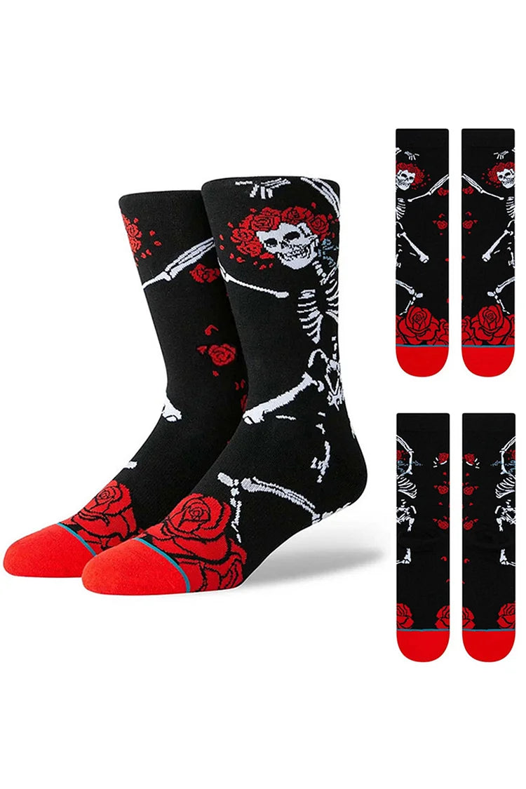 Calcetines de media pantorrilla con estampado de esqueleto bailando y rosas para Halloween 