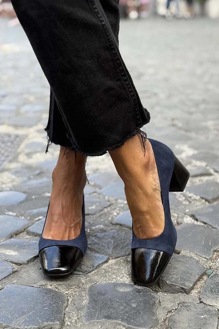 Patchwork Square Toe Casual Navy Chunky Heels