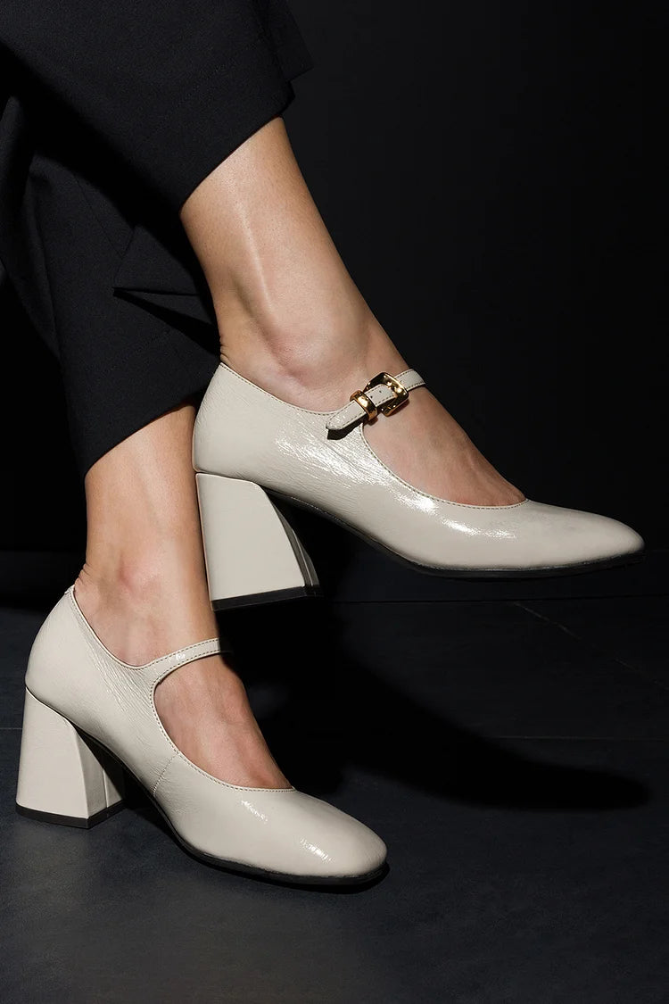 Cinturino sul collo del piede con fibbia, punta rotonda, tacco spesso color avorio [Pre-ordine]