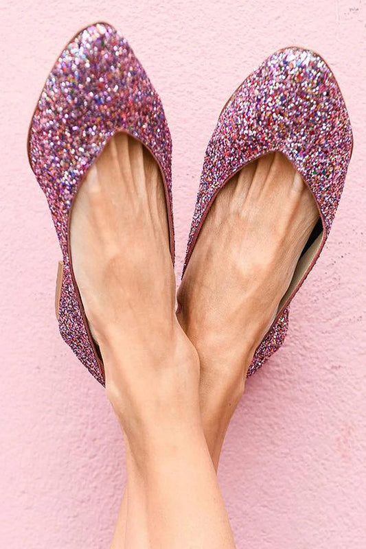 Glitter Sequin Pointy Toe Low-Top Slip On Purple Flats